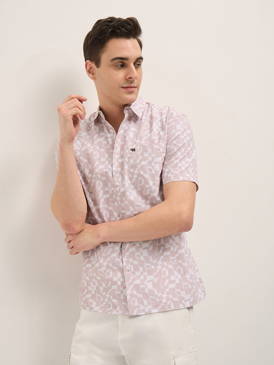 HOBES - Pink Geometrical Print Relax Fit Casual Shirt