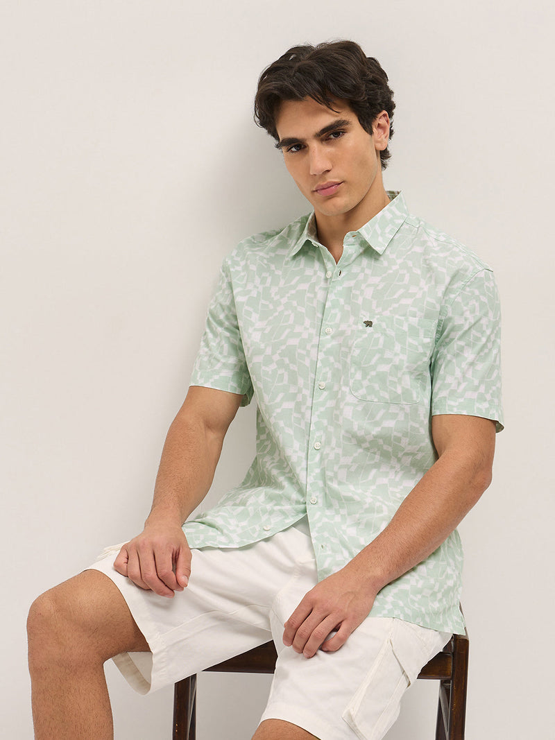HORBIL - Light Green Geometrical Print Relax Fit Casual Shirt