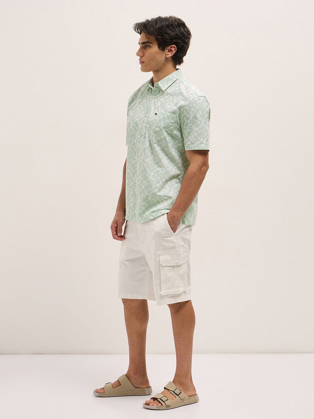 HORBIL - Light Green Geometrical Print Relax Fit Casual Shirt