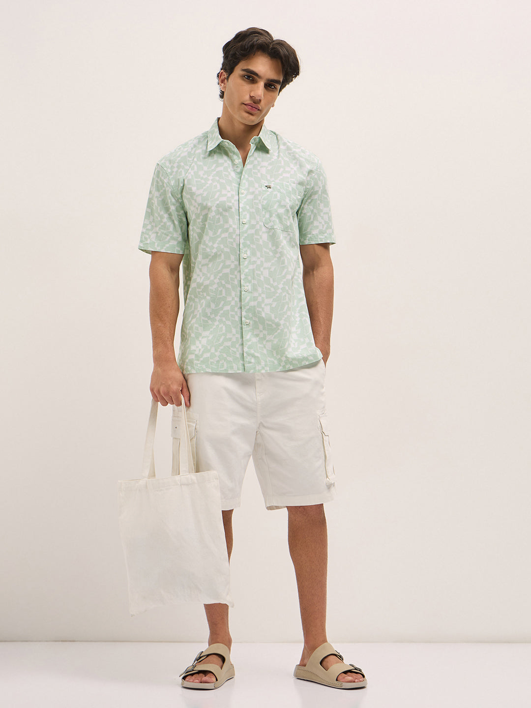 HORBIL - Light Green Geometrical Print Relax Fit Casual Shirt