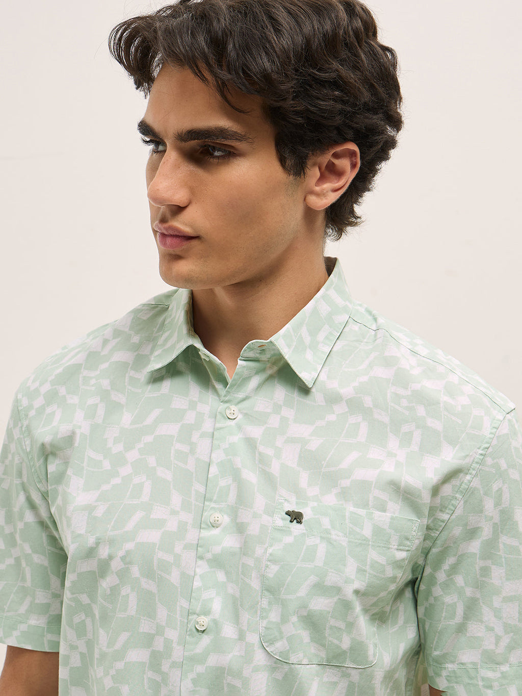 HORBIL - Light Green Geometrical Print Relax Fit Casual Shirt
