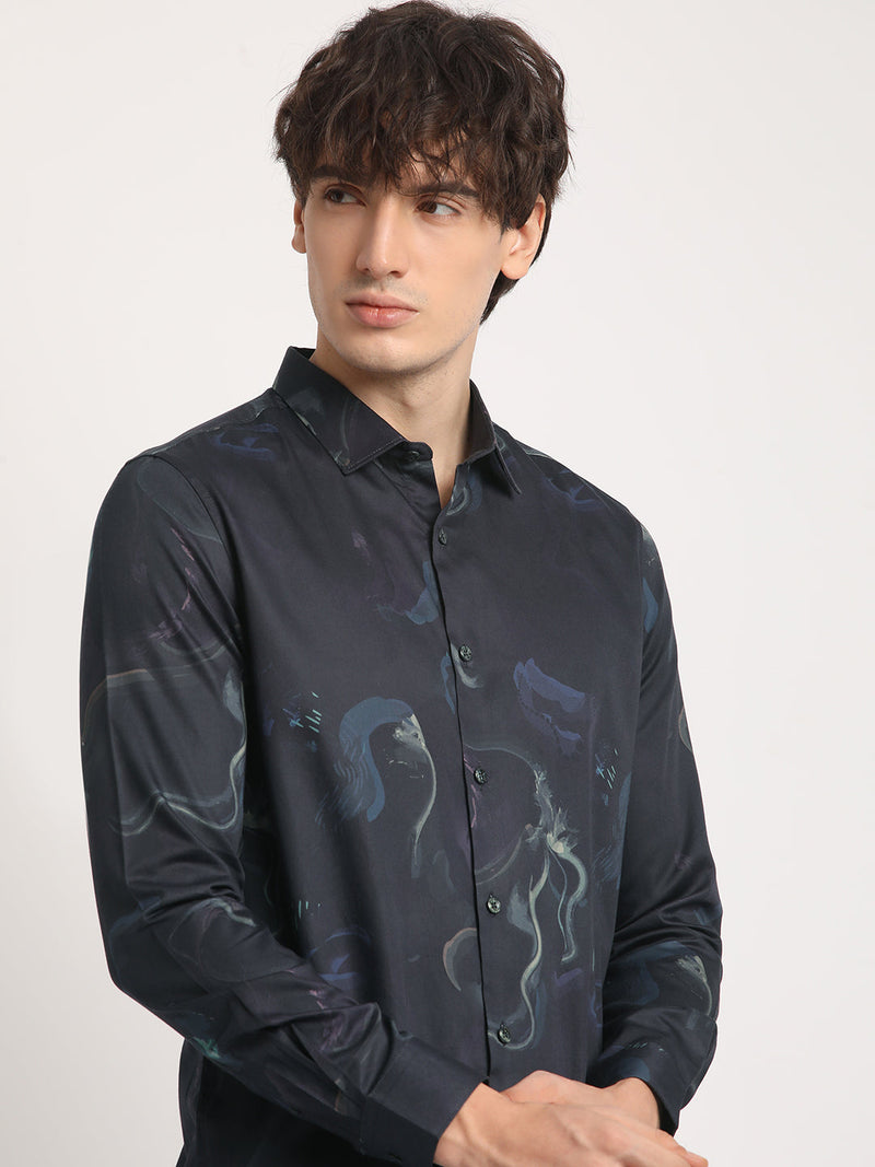 IESCAL - Men Black Printed Slim Fit Cotton Casual Shirt