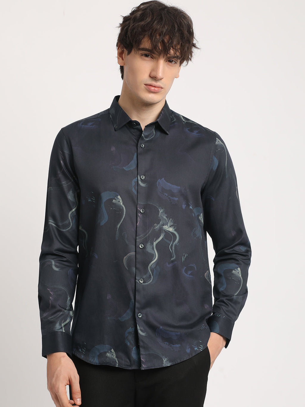 IESCAL - Men Black Printed Slim Fit Cotton Casual Shirt
