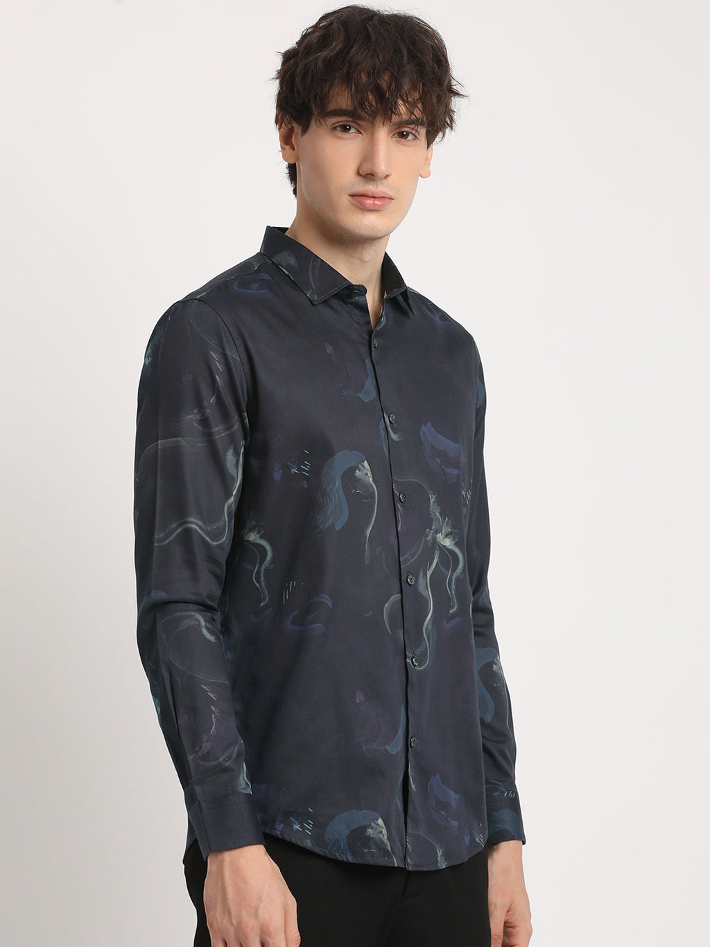IESCAL - Men Black Printed Slim Fit Cotton Casual Shirt