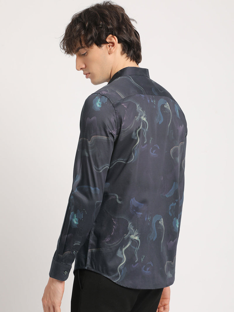 IESCAL - Men Black Printed Slim Fit Cotton Casual Shirt