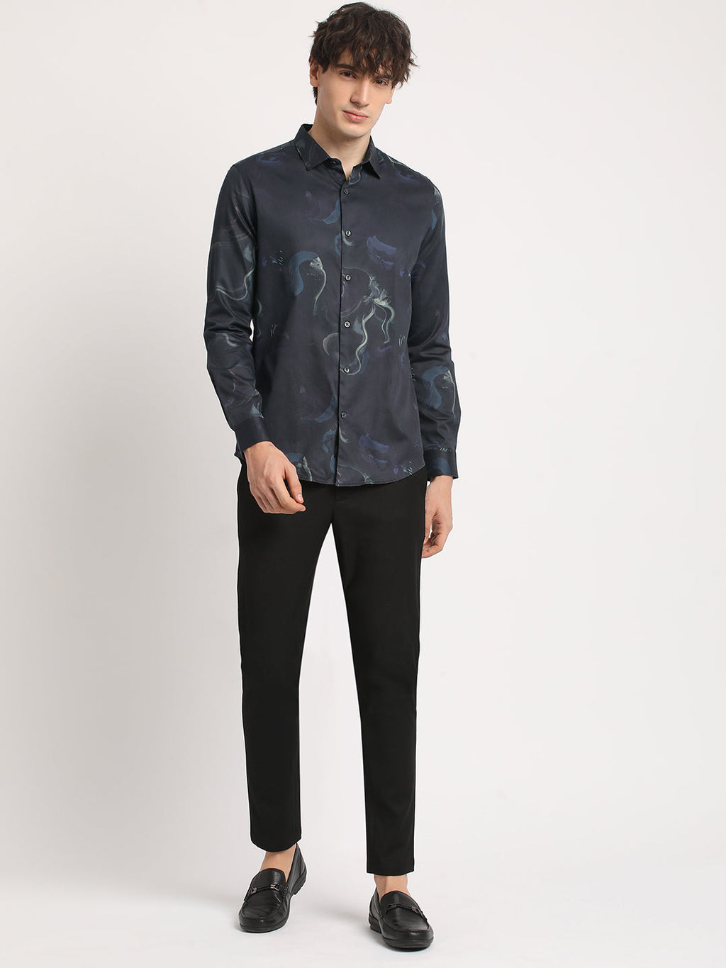 IESCAL - Men Black Printed Slim Fit Cotton Casual Shirt