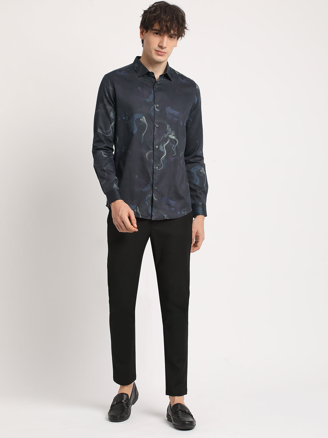 IESCAL - Men Black Printed Slim Fit Cotton Casual Shirt