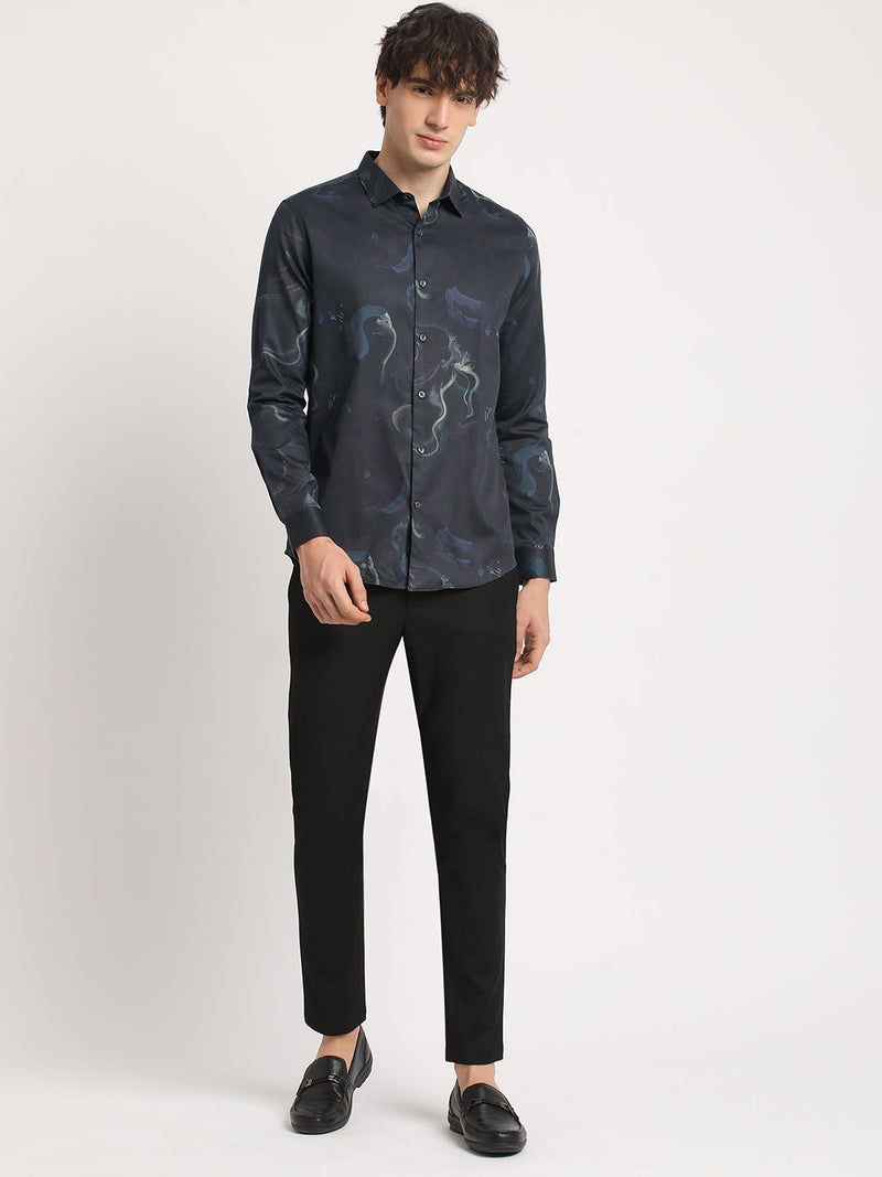 IESCAL - Men Black Printed Slim Fit Cotton Casual Shirt
