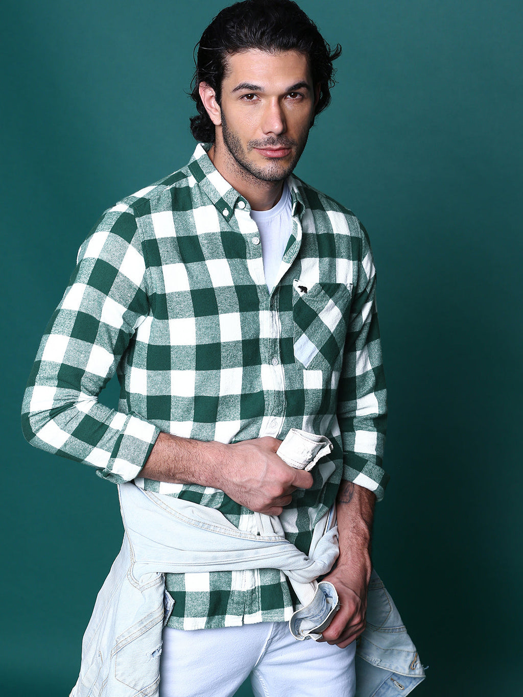 Intel - Men Green Checked Slim Fit Flannel Cotton Casual Shirt