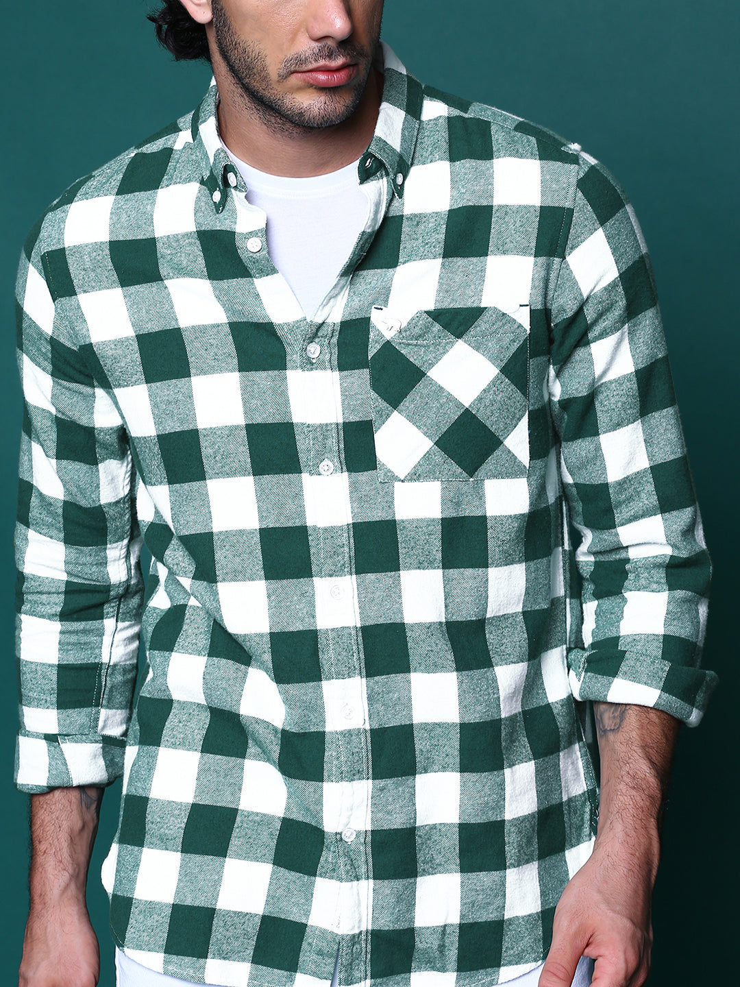 Intel - Men Green Checked Slim Fit Flannel Cotton Casual Shirt