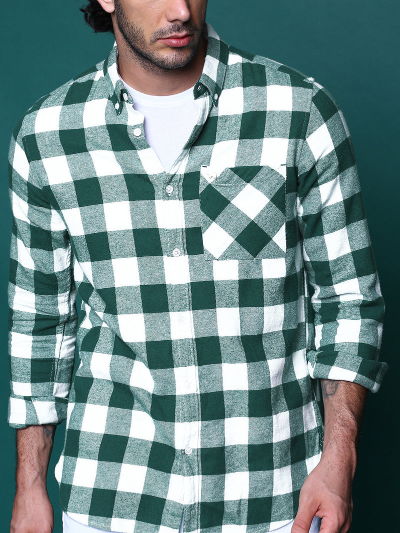 Intel - Men Green Checked Slim Fit Flannel Cotton Casual Shirt