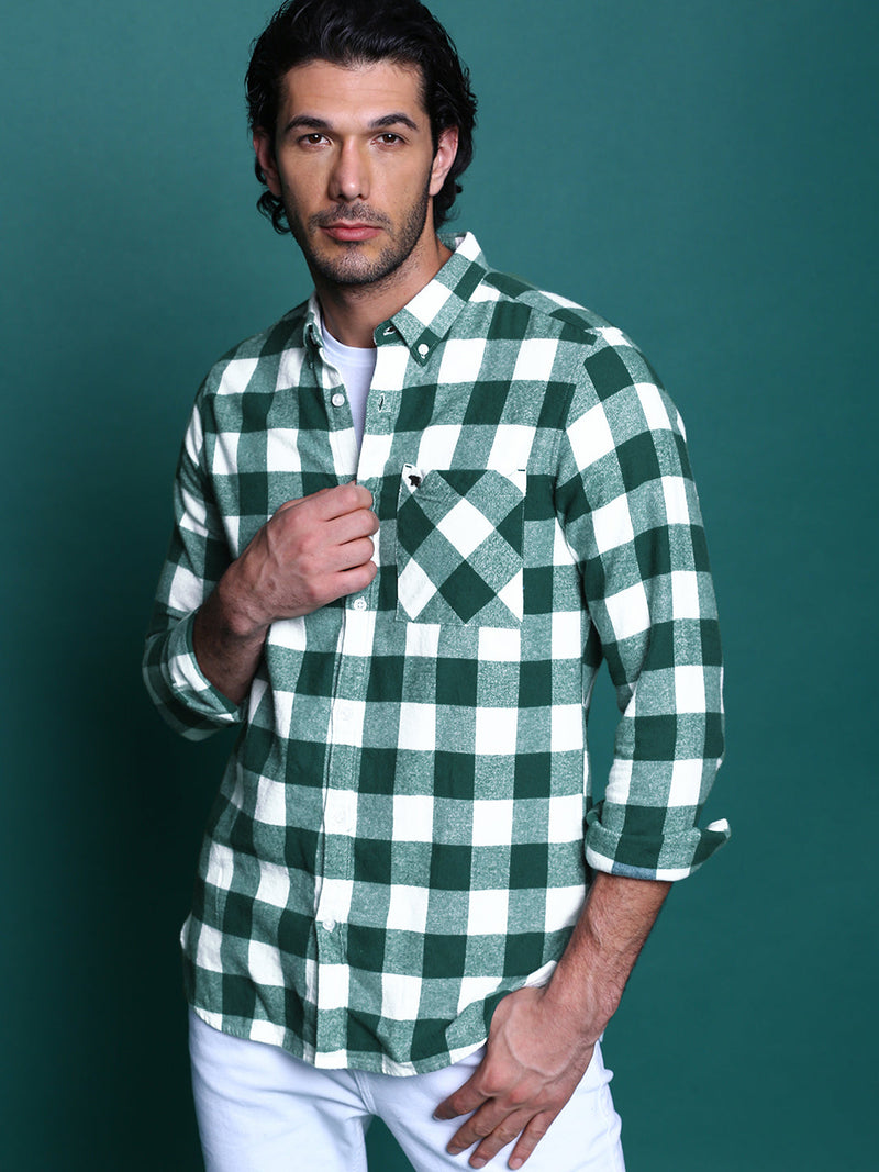 Intel - Men Green Checked Slim Fit Flannel Cotton Casual Shirt