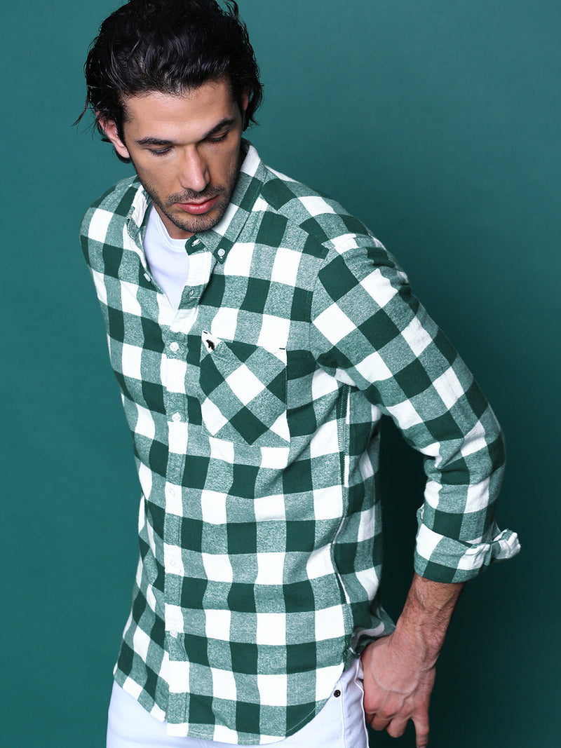 Intel - Men Green Checked Slim Fit Flannel Cotton Casual Shirt