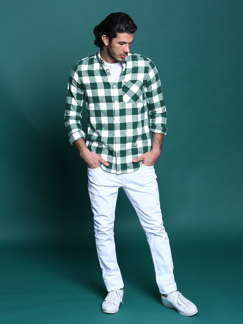 Intel - Men Green Checked Slim Fit Flannel Cotton Casual Shirt
