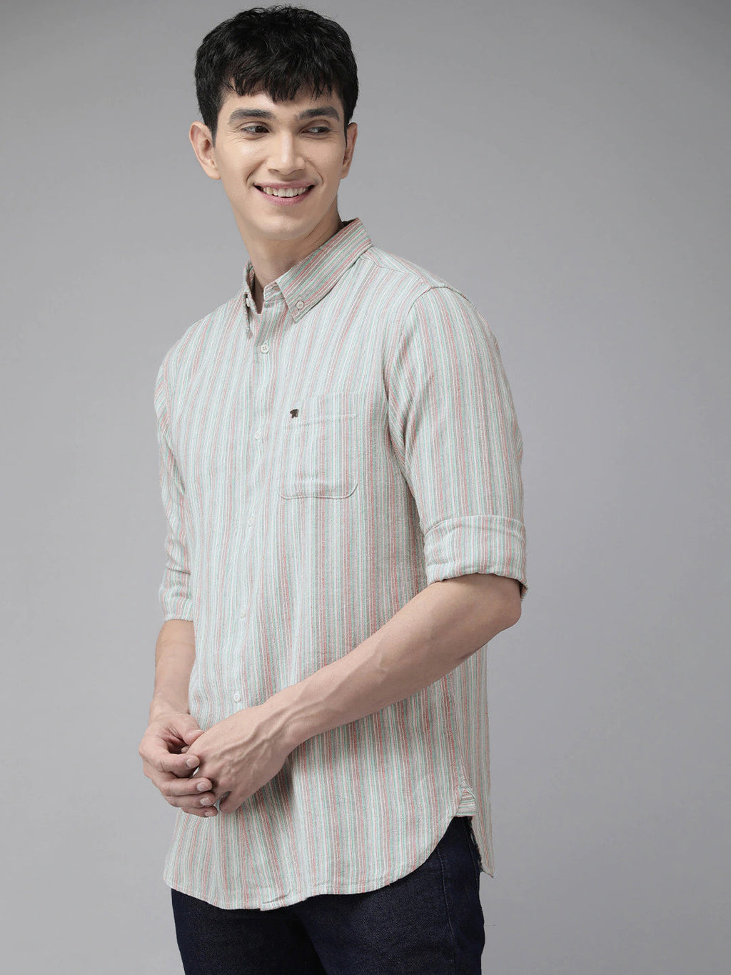 Jose - Men Grey & Pink Slim Fit Striped Casual Shirt