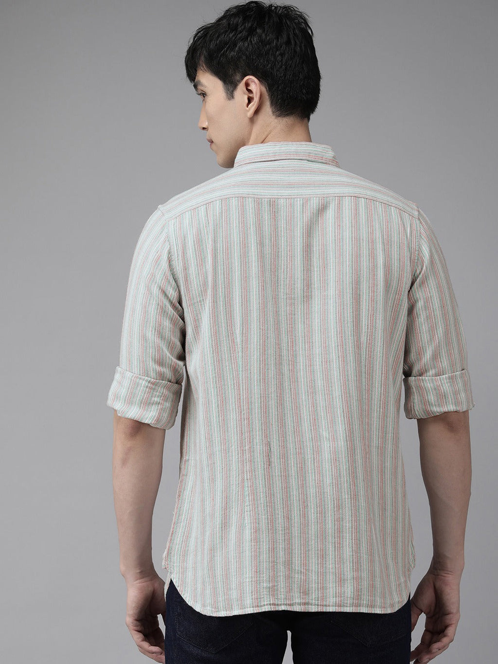 Jose - Men Grey & Pink Slim Fit Striped Casual Shirt