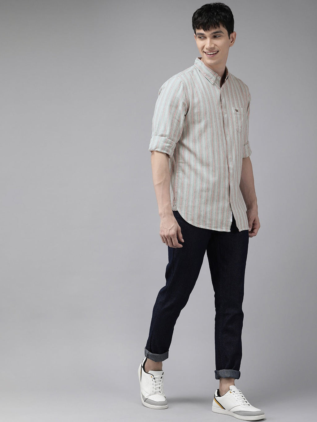 Jose - Men Grey & Pink Slim Fit Striped Casual Shirt