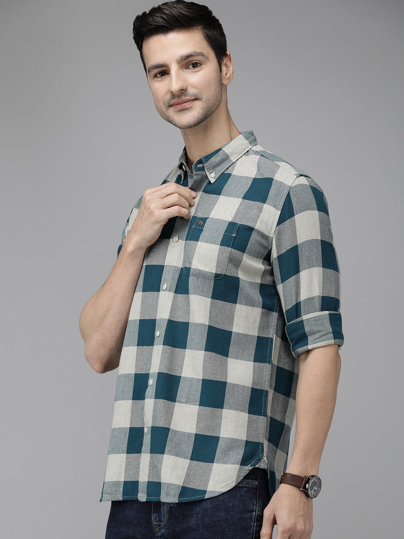 Juul - Men Teal Blue Pure Cotton Checked Slim Fit Flannel Shirt