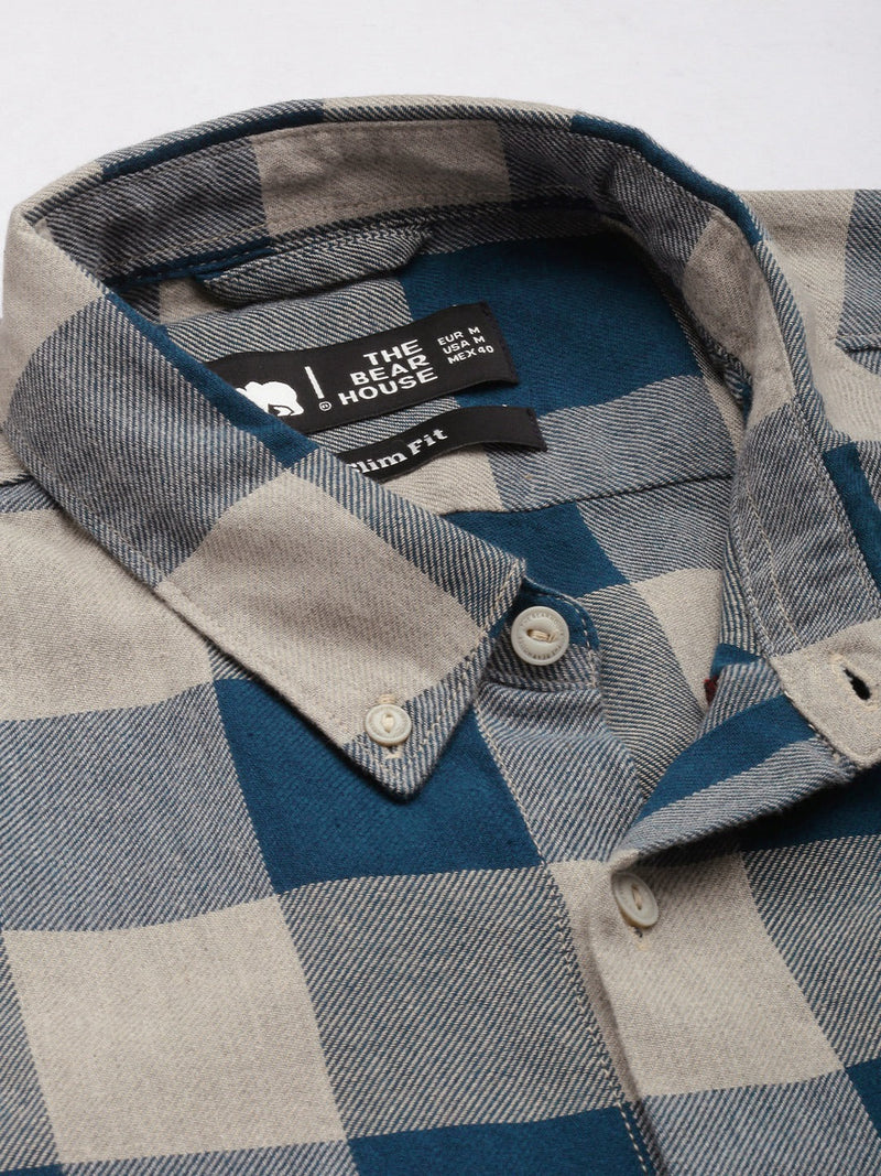 Juul - Men Teal Blue Pure Cotton Checked Slim Fit Flannel Shirt