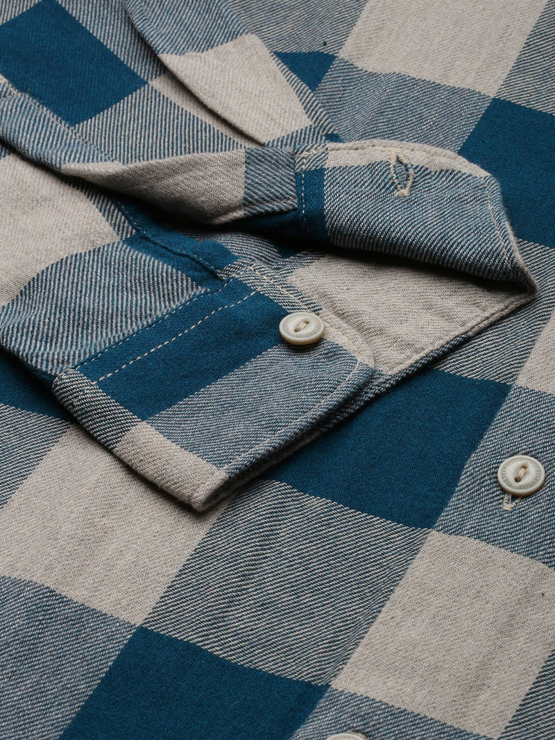 Juul - Men Teal Blue Pure Cotton Checked Slim Fit Flannel Shirt