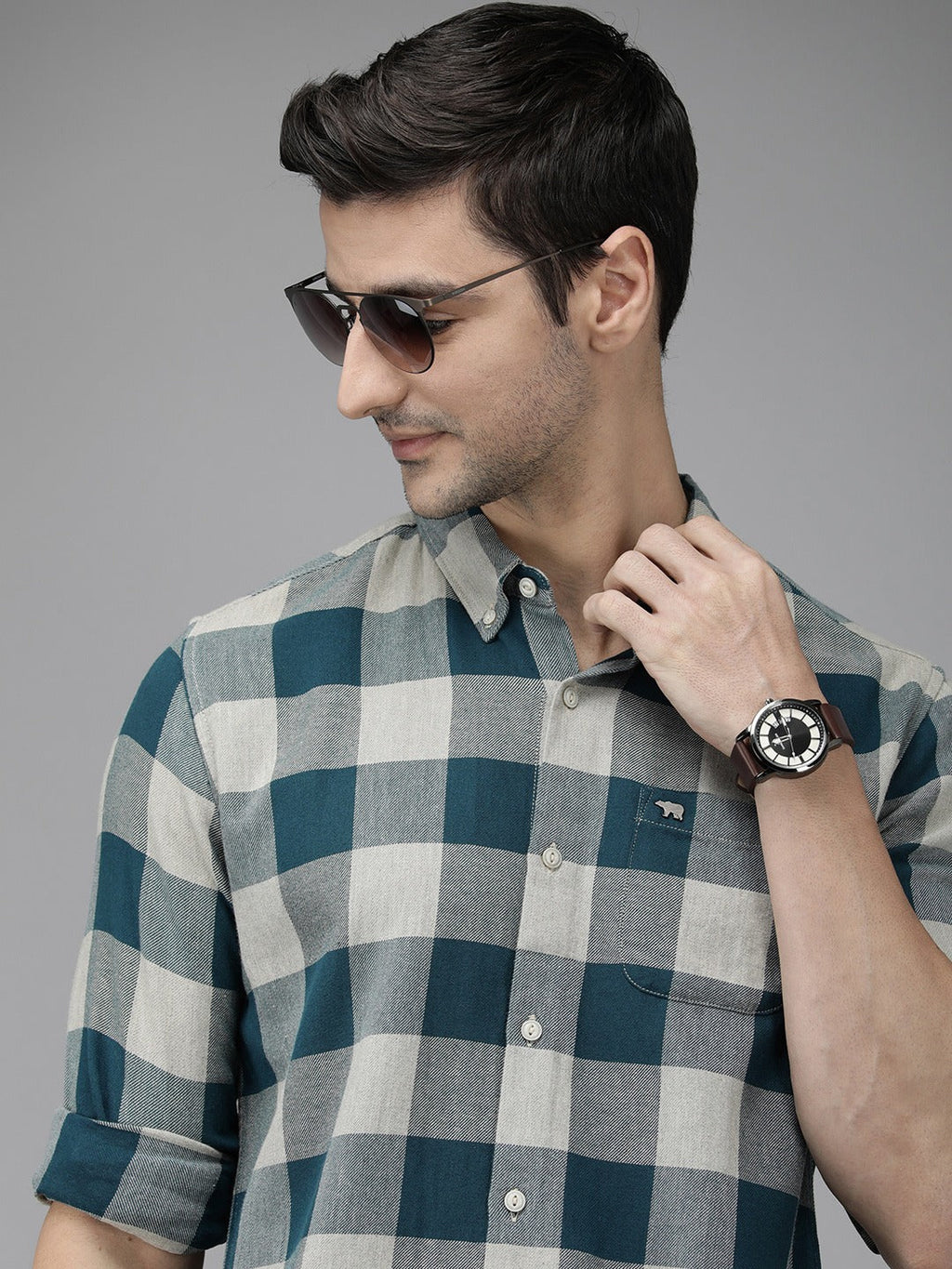 Juul - Men Teal Blue Pure Cotton Checked Slim Fit Flannel Shirt