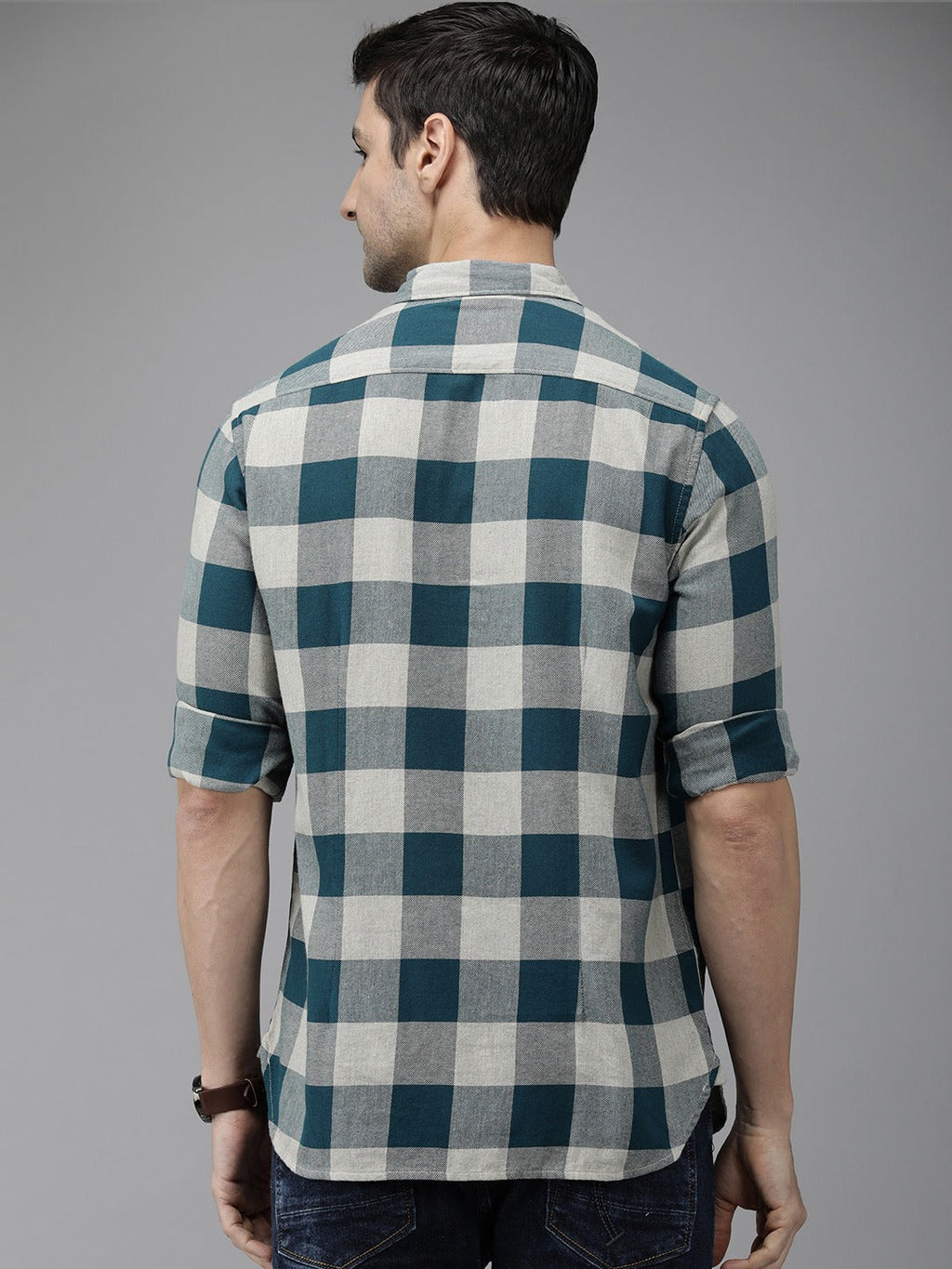 Juul - Men Teal Blue Pure Cotton Checked Slim Fit Flannel Shirt