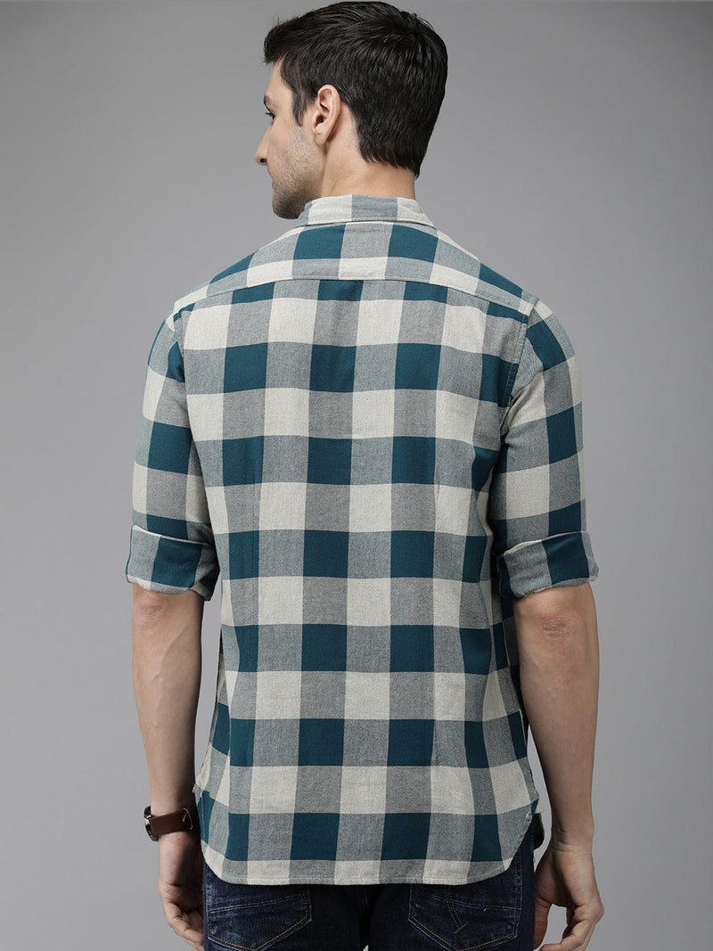 Juul - Men Teal Blue Pure Cotton Checked Slim Fit Flannel Shirt