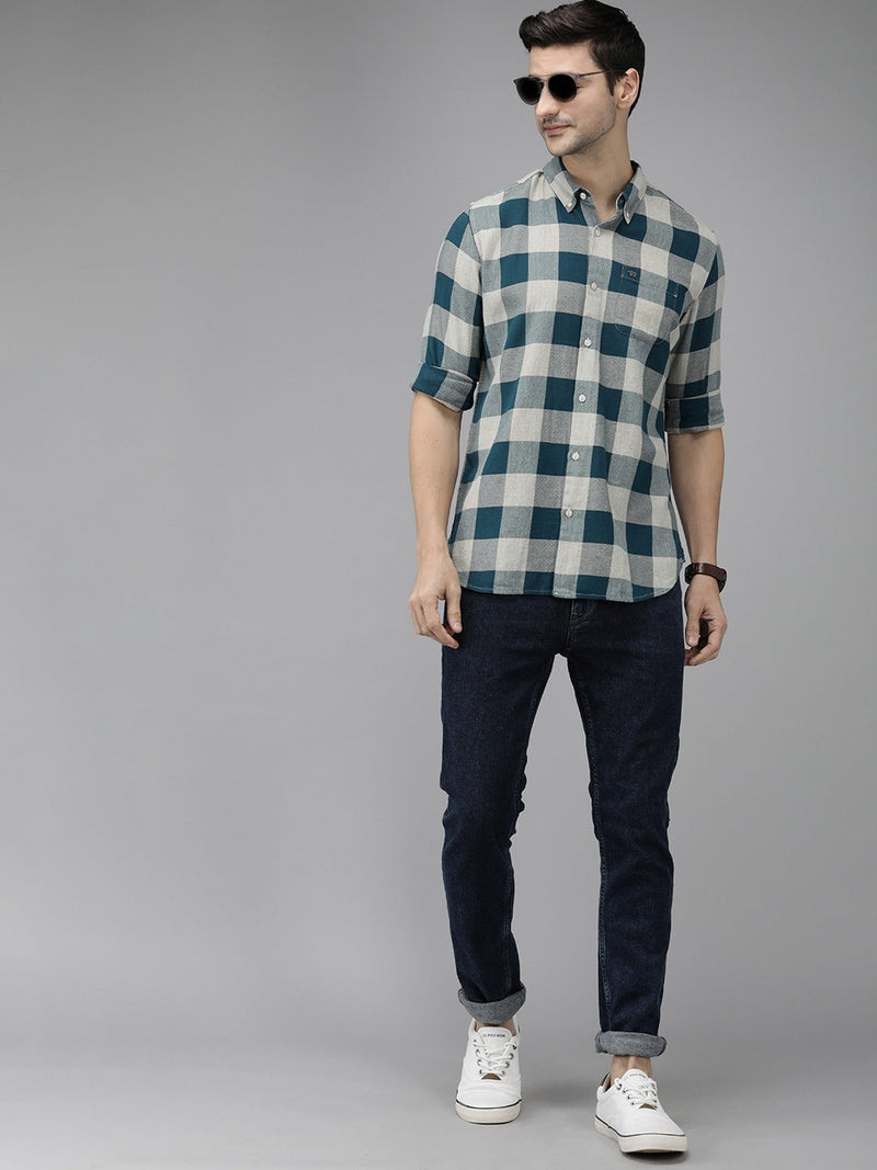 Juul - Men Teal Blue Pure Cotton Checked Slim Fit Flannel Shirt