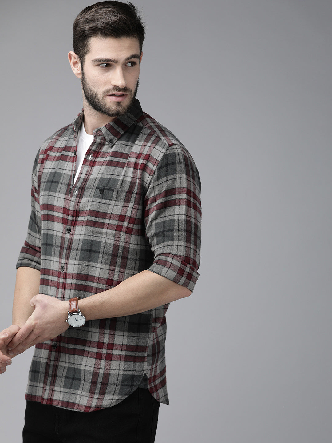 Kamet - Men Grey Checked Slim Fit Cotton Casual Shirt