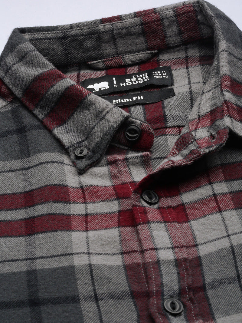 Kamet - Men Grey Checked Slim Fit Cotton Casual Shirt