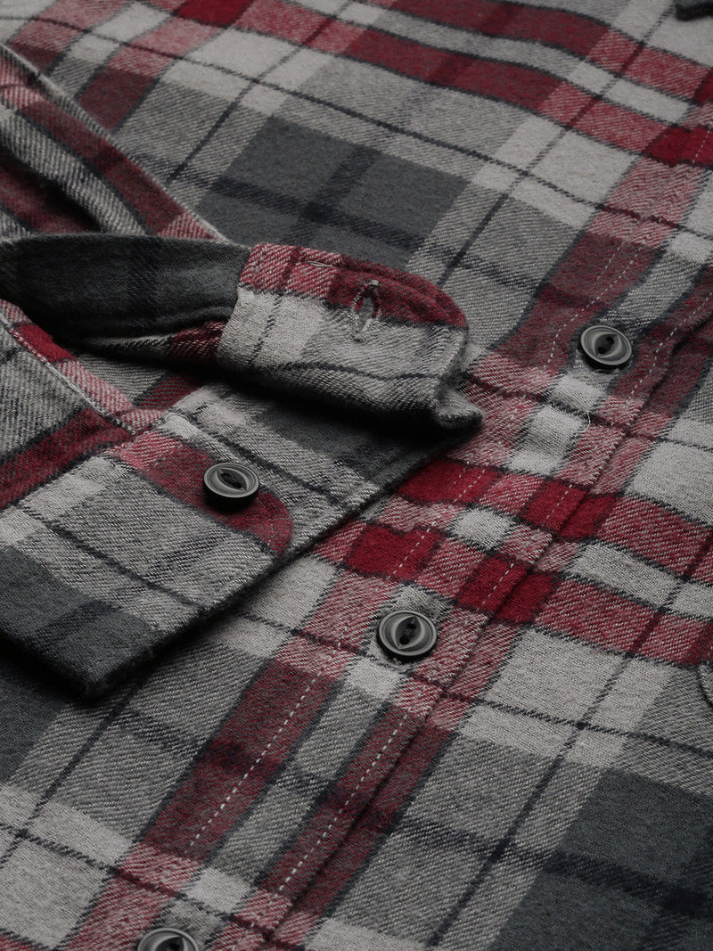 Kamet - Men Grey Checked Slim Fit Cotton Casual Shirt