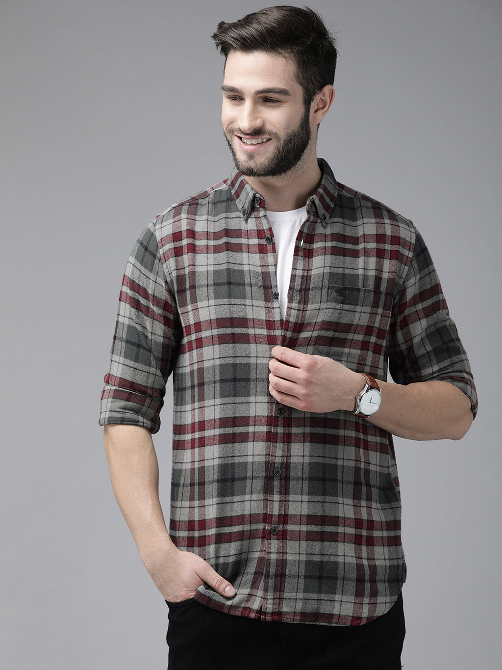 Kamet - Men Grey Checked Slim Fit Cotton Casual Shirt