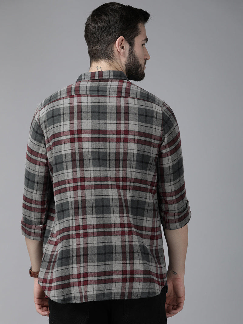Kamet - Men Grey Checked Slim Fit Cotton Casual Shirt