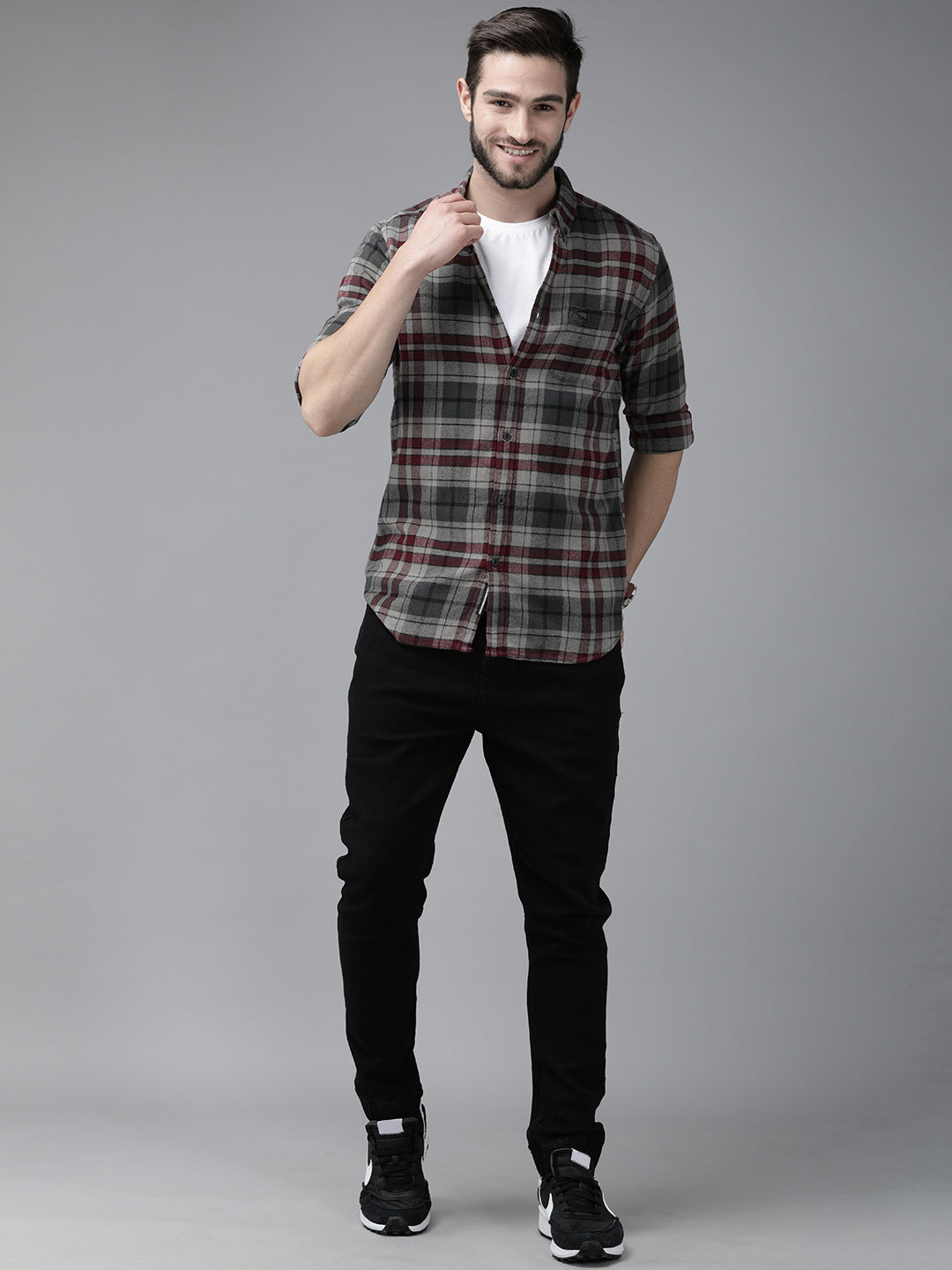 Kamet - Men Grey Checked Slim Fit Cotton Casual Shirt