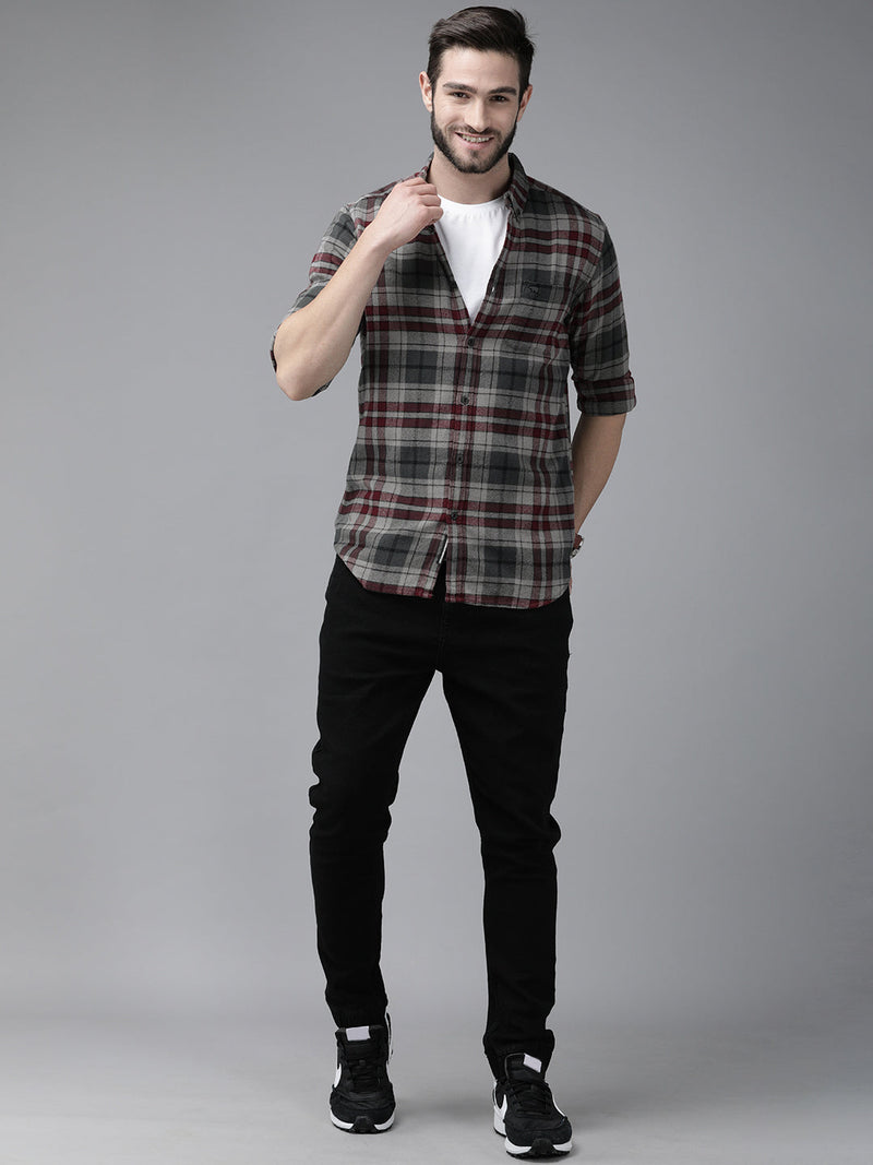 Kamet - Men Grey Checked Slim Fit Cotton Casual Shirt