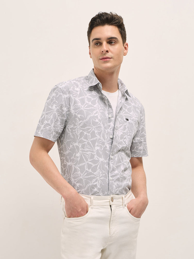 KELITO - Grey with White Floral Print Relax Fit Casual shirt