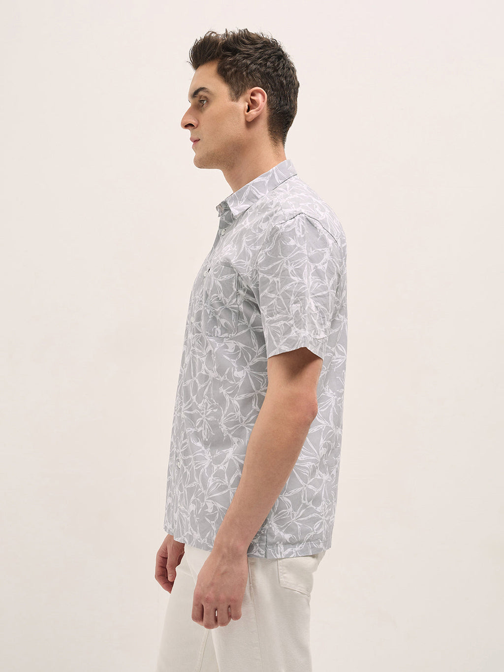 KELITO - Grey with White Floral Print Relax Fit Casual shirt