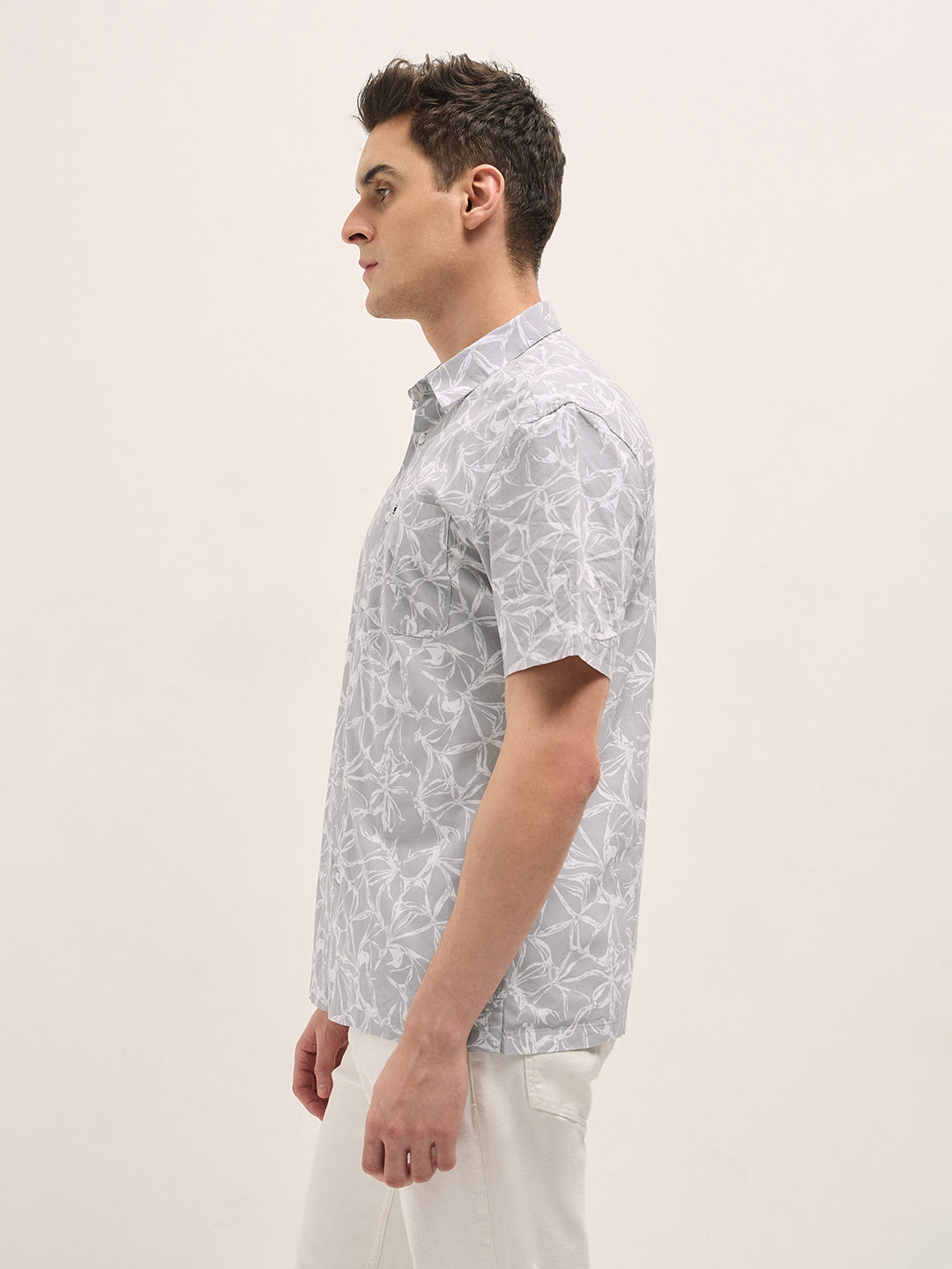 KELITO - Grey with White Floral Print Relax Fit Casual shirt