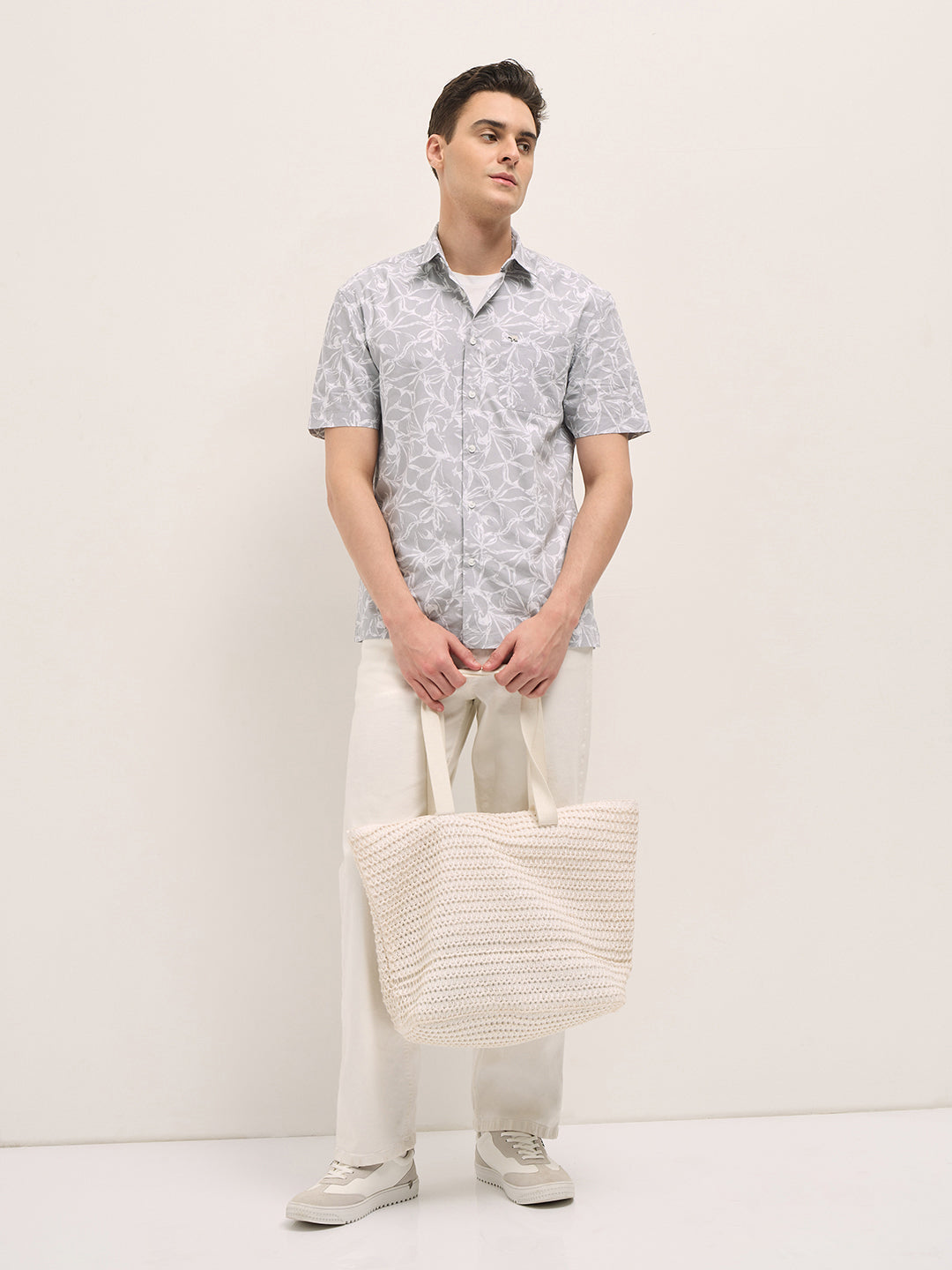 KELITO - Grey with White Floral Print Relax Fit Casual shirt