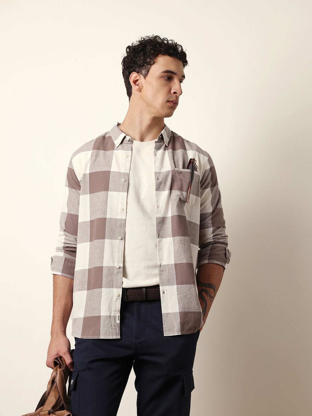 KILORA - Brown & Cream Woven Block Checks Slim Fit Casual Shirt