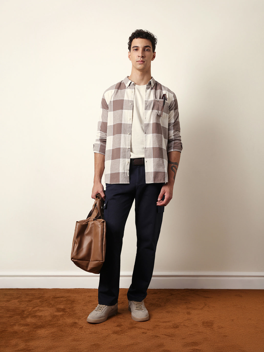 KILORA - Brown & Cream Woven Block Checks Slim Fit Casual Shirt