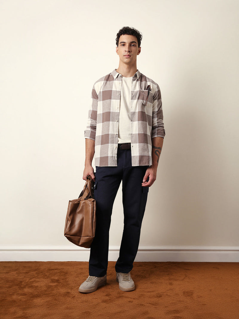 KILORA - Brown & Cream Woven Block Checks Slim Fit Casual Shirt