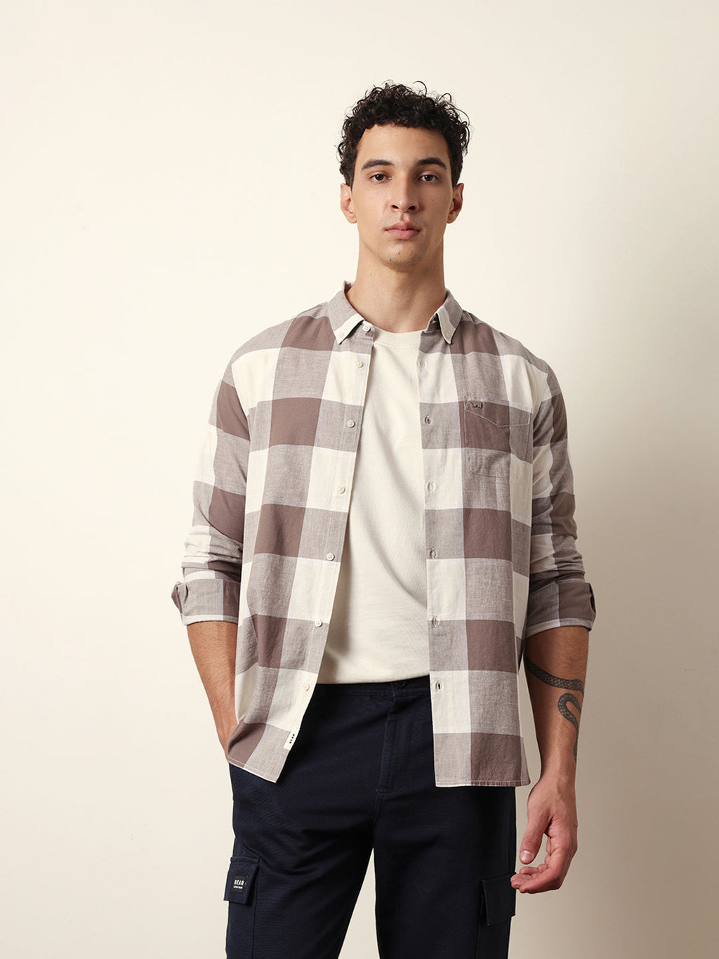 KILORA - Brown & Cream Woven Block Checks Slim Fit Casual Shirt