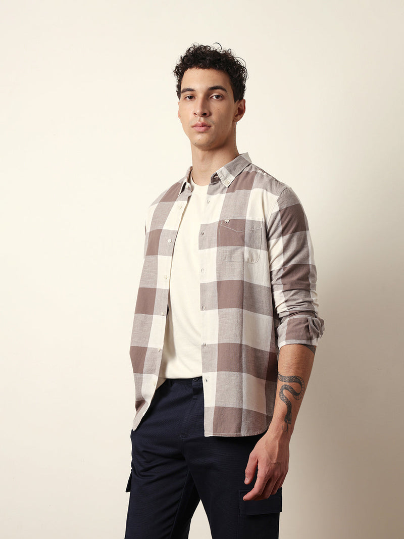 KILORA - Brown & Cream Woven Block Checks Slim Fit Casual Shirt