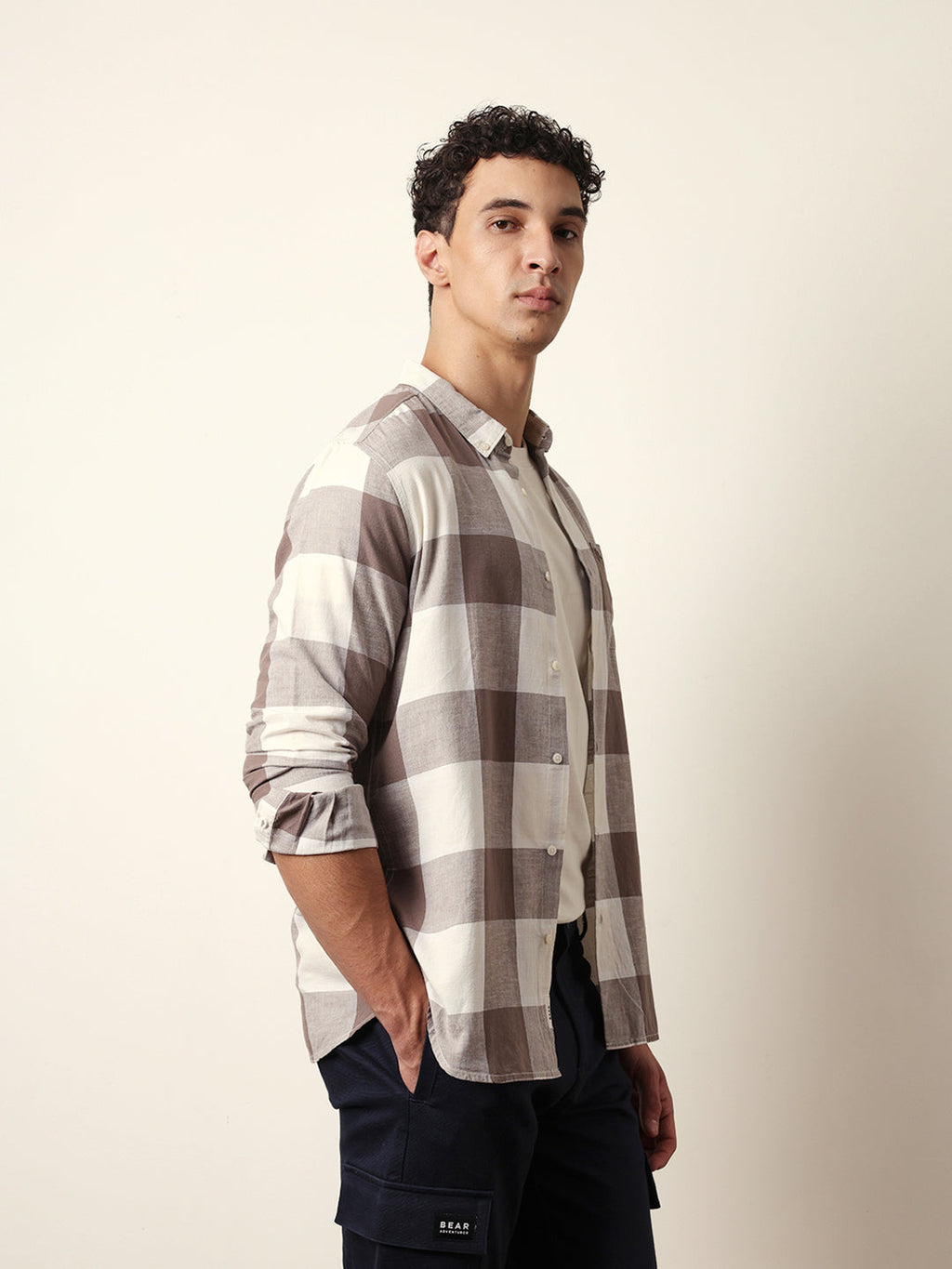 KILORA - Brown & Cream Woven Block Checks Slim Fit Casual Shirt