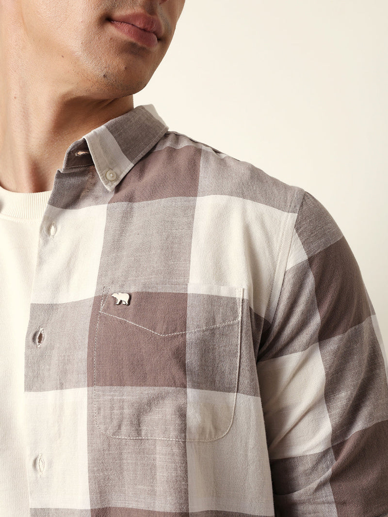 KILORA - Brown & Cream Woven Block Checks Slim Fit Casual Shirt