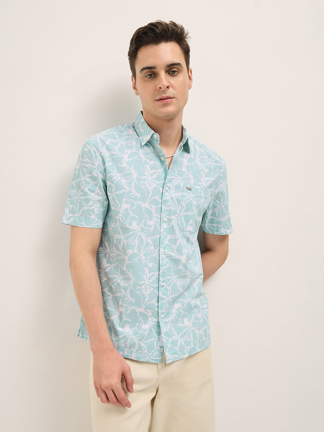 KIPAR - Light Green Abstract Floral Print Relax Fit Casual Shirt