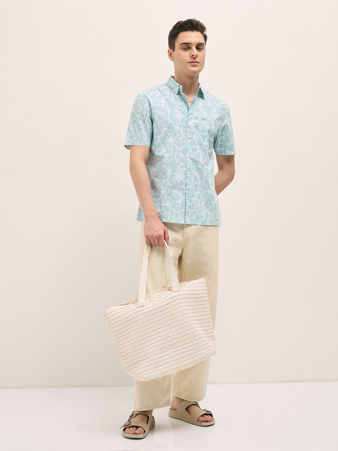 KIPAR - Light Green Abstract Floral Print Relax Fit Casual Shirt