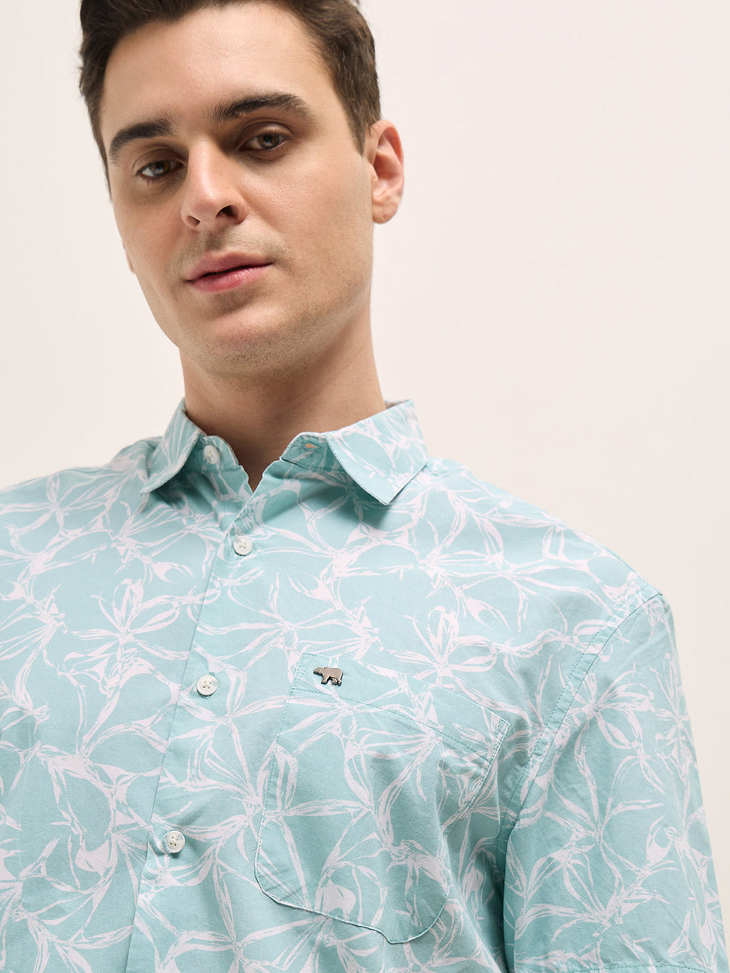 KIPAR - Light Green Abstract Floral Print Relax Fit Casual Shirt