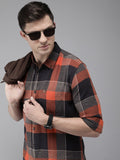 Krabi - Men Orange & Navy Blue Buffalo Checked Slim Fit Pure Cotton Casual Shirt